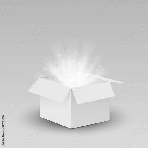 Opened gift box with bright shine. Surprise. Vector template for sale banner