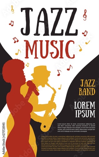 Poster templates for jazz music festival,concert with silhouette of jazz musicians and african girl singer.Retro style illustration