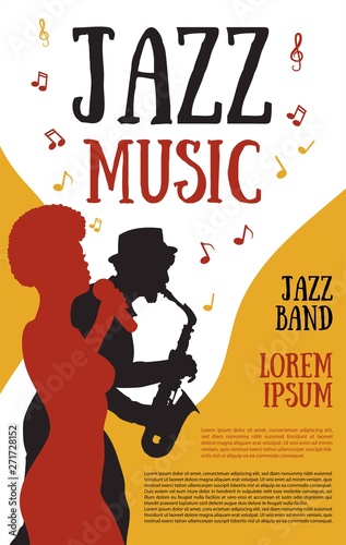 Poster templates for jazz music festival,concert with silhouette of jazz musicians and african girl singer.Retro style illustration