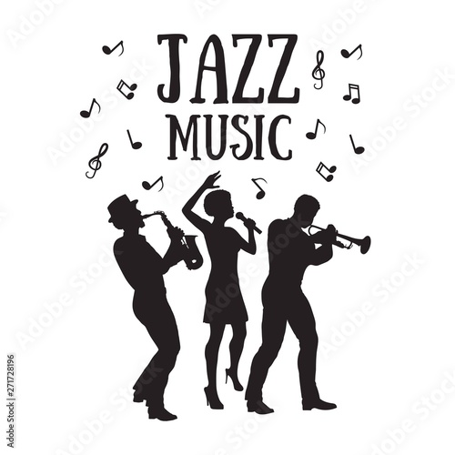 Jazz Orchestra. Silhouettes of trumpet player, saxophonist and african woman singer. 50's or 60's style musicians
