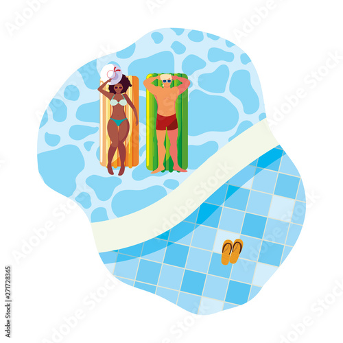 interracial couple with float mattress in water