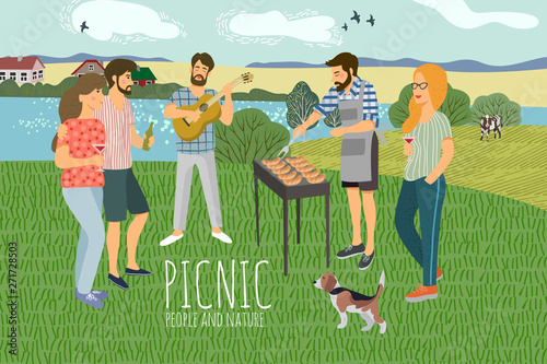 Picnic. Cute flat Vector illustration of mans and womans resting on the nature against the background of the rural landscape . Drawing by hand active people weekend with a barbecue.