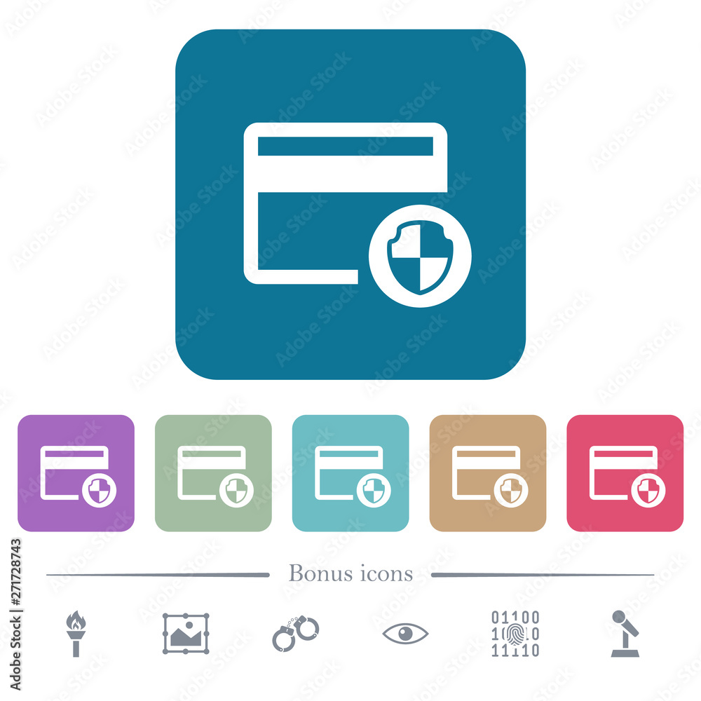 Credit card security flat icons on color rounded square backgrounds Credit card security flat icons on color rounded square backgrounds