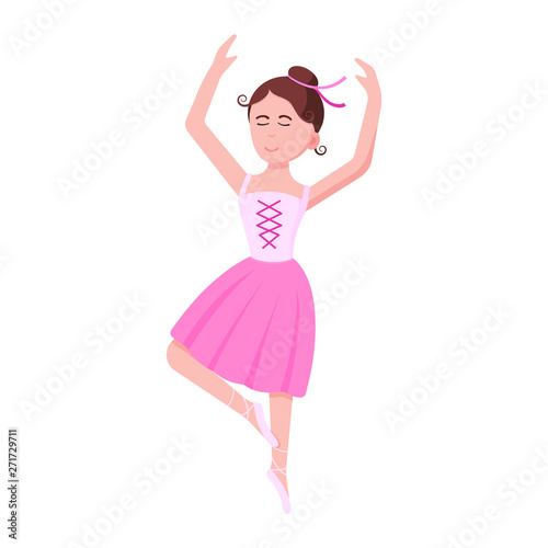 Young beautiful ballerina dressed in tutu and pointe shoes standing at the pose flat style design vector illustration isolated on white background, Elegant young female character of classic ballet.