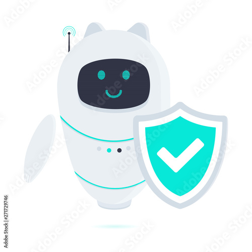 Robot cat chatbot icon sign flat style design vector illustration isolated on white background. Cute AI cat bot helper mascot character concept symbol business assistant with protection shield.