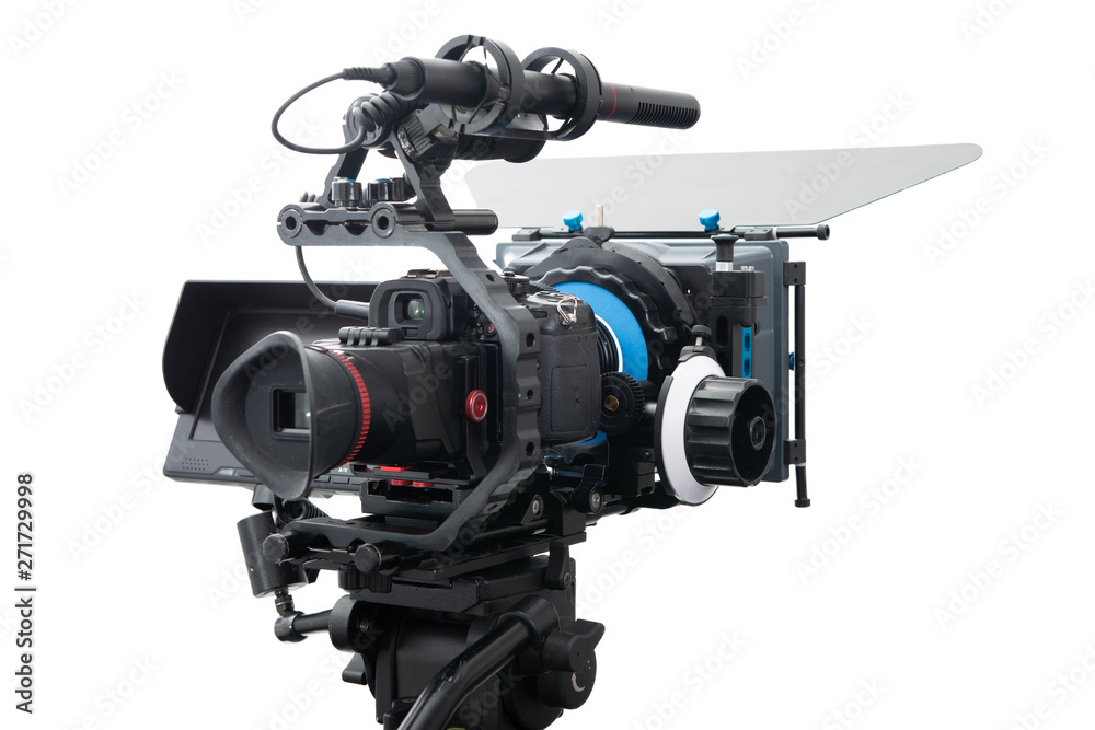 DSLR video camera rig isolated on white background DSLR video camera rig isolated on white background