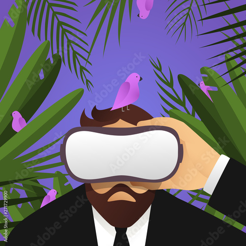 Business man using virtual reality glasses. 3d nature and wildlife in VR headset. Digital interactive travel from office to jungle with green leaves and pink birds. Concept of augmented reality