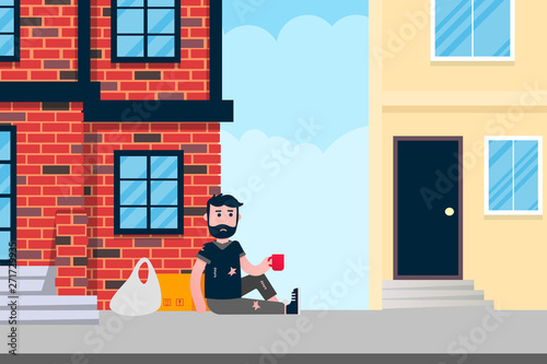Homeless man sitting down with the cup and ask some money near building in the city. Poor people help concept flat style design vector illustration isolated on white background.