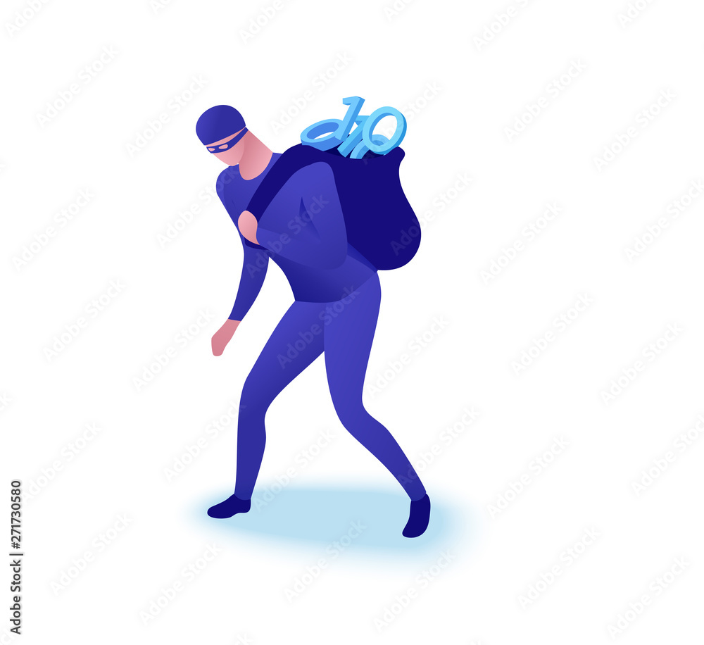 Data theft concept, man stealing information as zeroes and ones in sack, 3d isometric vector illustration, cyber crime, hacking, computer security Data theft concept, man stealing information as zeroes and ones in sack, 3d isometric vector illustration, cyber crime, hacking, computer security