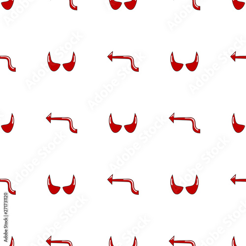 Seamless pattern with red devil tails and horns isolated on white background. Cartoon style. Vector illustration for design, web, wrapping paper, fabric, wallpaper.