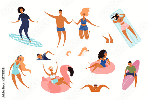 Big set of happy young people on the beach, swimming, surfing. Hand drawn vector illustration. Isolated objects on white background. Flat style design. Concept, element for summer poster, banner.