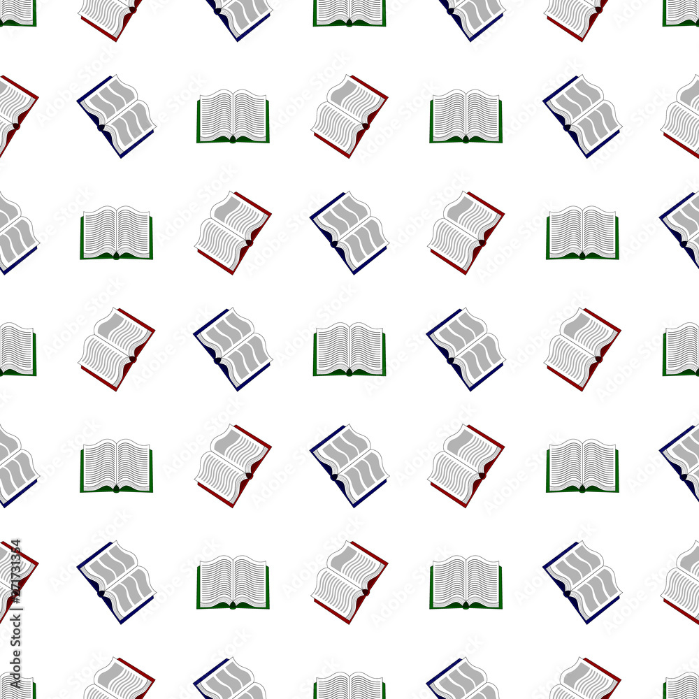 Seamless pattern with different books on white background. Vector illustration for design, web, wrapping paper, fabric, wallpaper.