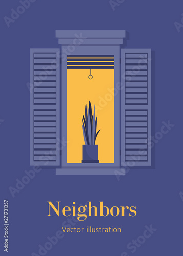 A window with a plant. Warm summer evening. Neighborhood. Italian style. European architecture. Postcard. Vector flat illustration