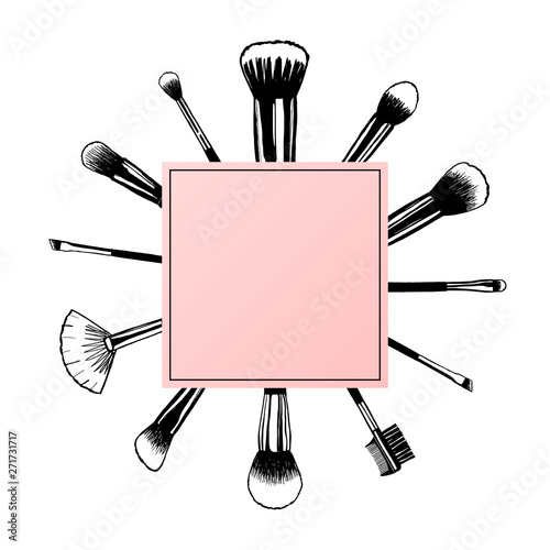 Makeup banner with brushes and pink rectangle in the center, template for makeup artist. Hand drawn vector illustration