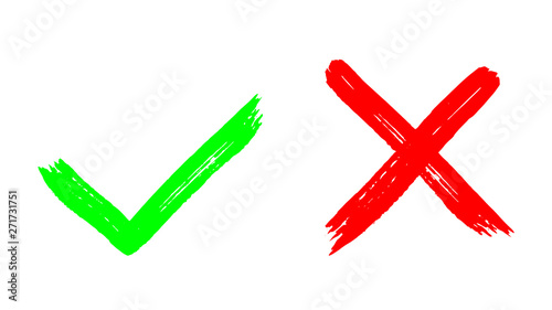 Two dirty grunge hand drawn with brush strokes cross x and tick OK check marks vector illustration isolated on white background. Check mark symbol NO and YES buttons for vote in check box, web, etc. 