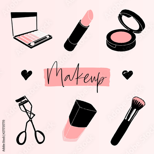 Makeup banner with cosmetics, template for makeup artist. Hand drawn vector illustration