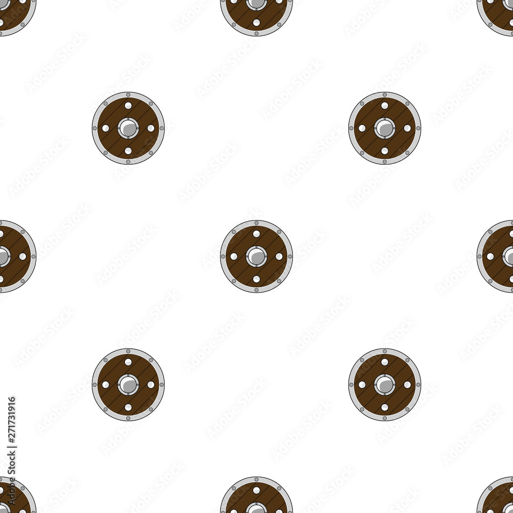 Obraz premium Seamless pattern with circle shields on white background. Knight equipment. Adventure items. Cartoon style. Vector illustration for design, web, wrapping paper, fabric, wallpaper.