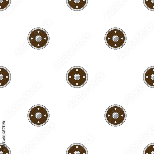 Seamless pattern with circle shields on white background. Knight equipment. Adventure items. Cartoon style. Vector illustration for design, web, wrapping paper, fabric, wallpaper.
