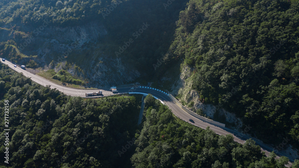 Curved asphalt highway road in mountains of South Russia