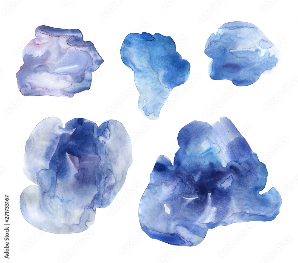 Fototapeta premium Set of blue hand drawn watercolor stains. Collection blue gloomy clouds of the after the rain. Delicate elegant ink texture. Can be used in interior posters or food packaging design