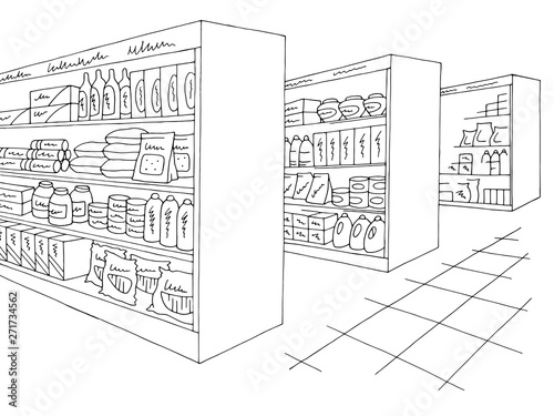 Grocery store shop interior black white graphic sketch illustration vector