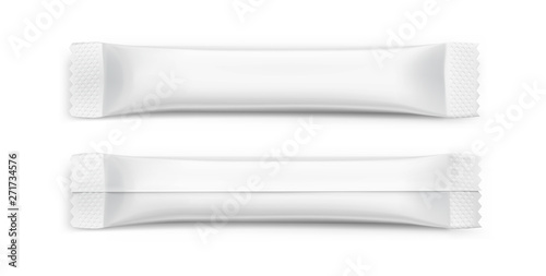 Realistic stick pack for products of the food and cosmetic industry on white background. Possibility use for granulated, powder products. Coffee, 3 in 1, sugar, Vector illustration. EPS10