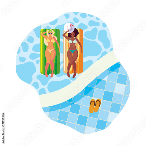 beautiful interracial girls with float mattress in water