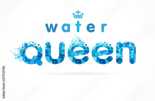 Mineral natural queen water vector logo. Aqua drop letters with blue bubbles and crown for brand design clean service or fresh drink labels