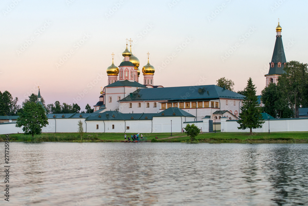 Valdai Iversky Svyatoozersky Virgin Monastery for Men. Selvitsky Island, Valdai Lake. Late summer evening