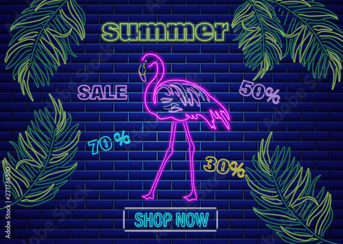 Neon flamingo summer tropic banner Vector. Night club poster label. Bright gl...