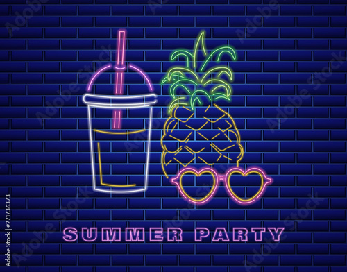 Neon pineapple cocktail Vector. Summer party banner posters