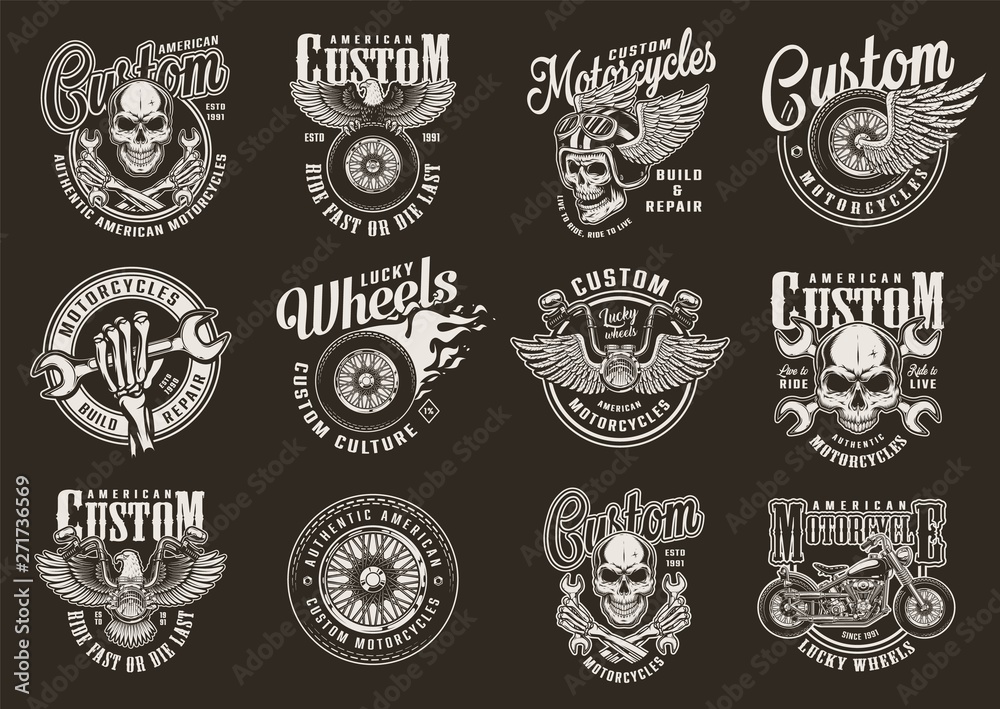 Vintage custom motorcycle emblems