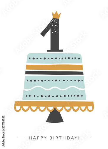First Birthday greeting card. Festive cake for baby boy with number 1 on top. Vector illustration