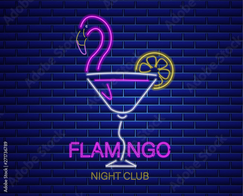 Neon flamingo cocktail sign Vector. Summer exotic banner Vector. Night club p...