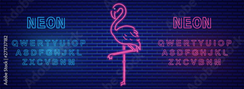 Neon flamingos banner with neon alphabet Vector. Label text signs posters