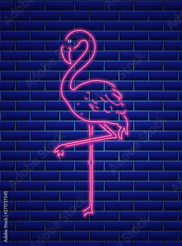 Neon flamingo summer banner Vector. Night club poster label. Bright glowing s...