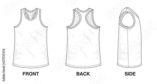Isolated object of clothes and fashion stylish wear fill in blank shirt top. Regular Tee Crew Neck Strap Original V-Back Tee Sleeveless Top Illustration Vector Template. Front, back and side view photo
