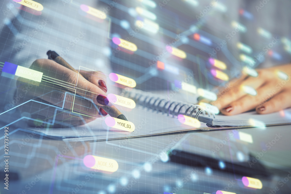 Multi exposure of woman's writing hand on background with data technology hologram. Concept of innovation. Multi exposure of woman's writing hand on background with data technology hologram. Concept of innovation.
