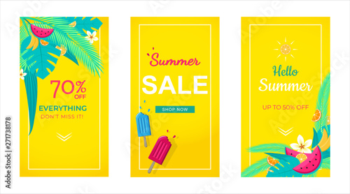 Set of social media stories sale banner tropical background