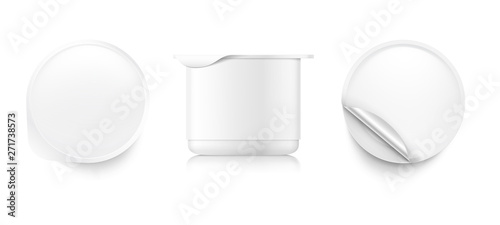 Yogurt container packaging mockup. Vector illustration on white background. Top and side view. Easy to use for presentation your product, idea, design. Front and side view. EPS10.