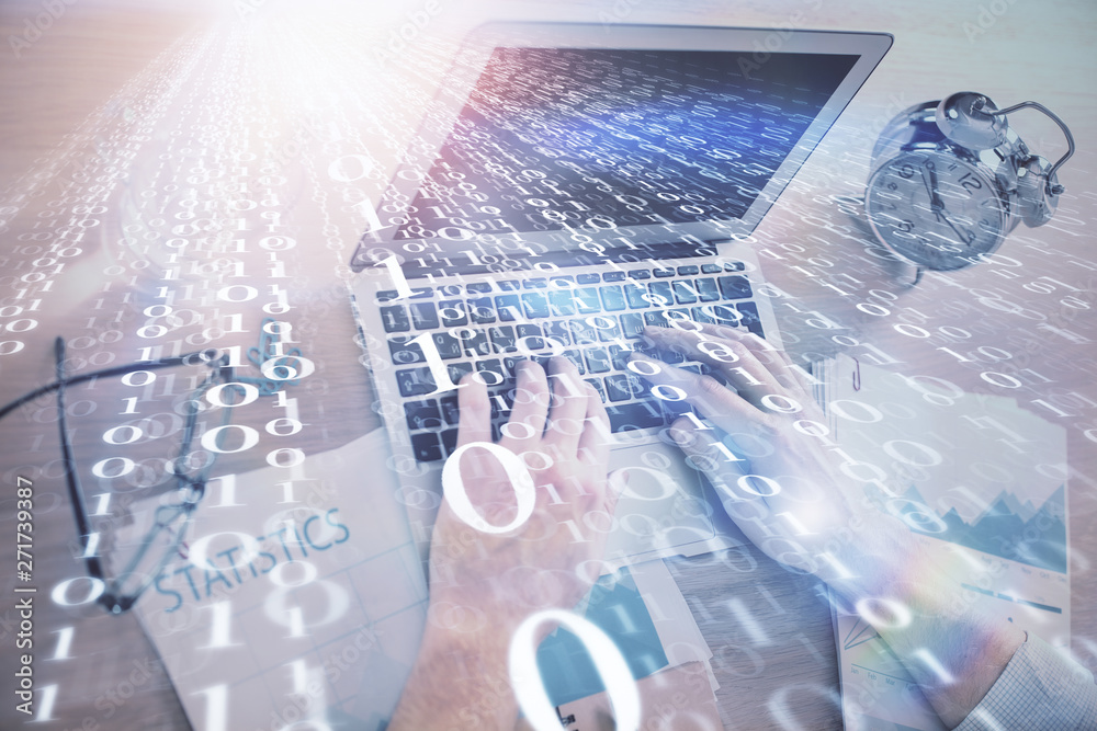 Businessman with computer background with technology theme hologram. Concept of big data. Double exposure. Businessman with computer background with technology theme hologram. Concept of big data. Double exposure.