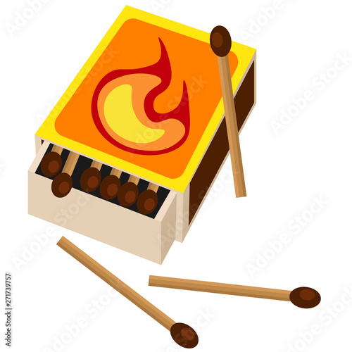 Box of matches. Matchbox and separately arranged matches on white isolated background.