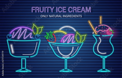 Ice cream neon fruits set Vector. Delicious dessert design label posters