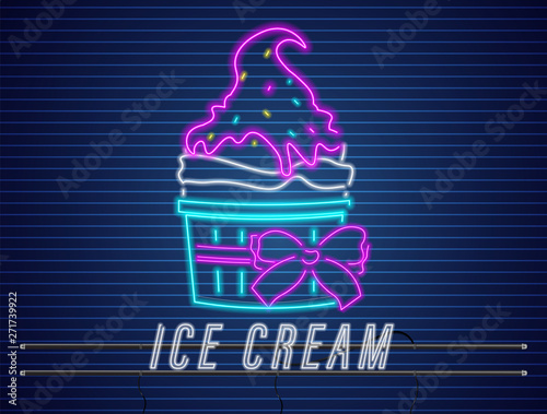 Ice cream cup with bow neon Vector. Delicious dessert design label posters