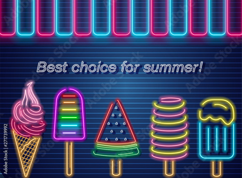 Ice cream neon summer banner Vector. Delicious dessert design label posters