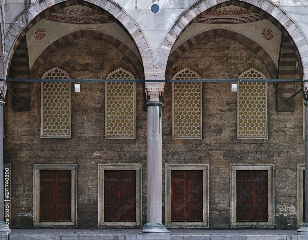 Blue mosque (Sultanhmet camii) internal yard arch symmetry, Istanbul Turkey.