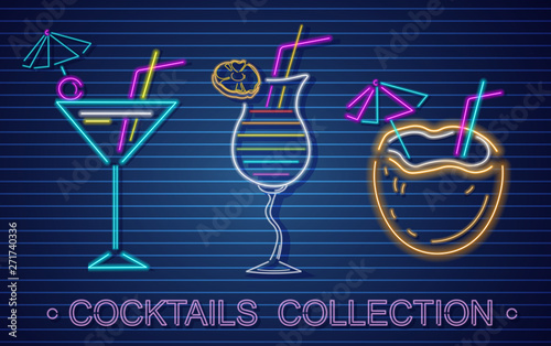 Coconut cocktails set neon Vector. Summer tropic drink banner posters