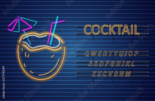 Coconut cocktail neon Vector. Summer tropic drink banner posters