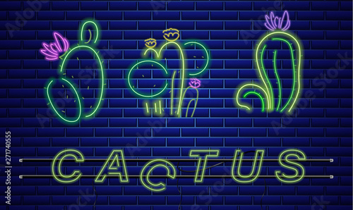 Cactus neon sign Vector. Exotic summer decoration design posters
