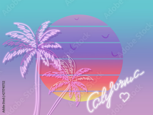 Tropic sunset california poster Vector. Colorful vintage decor symbols
